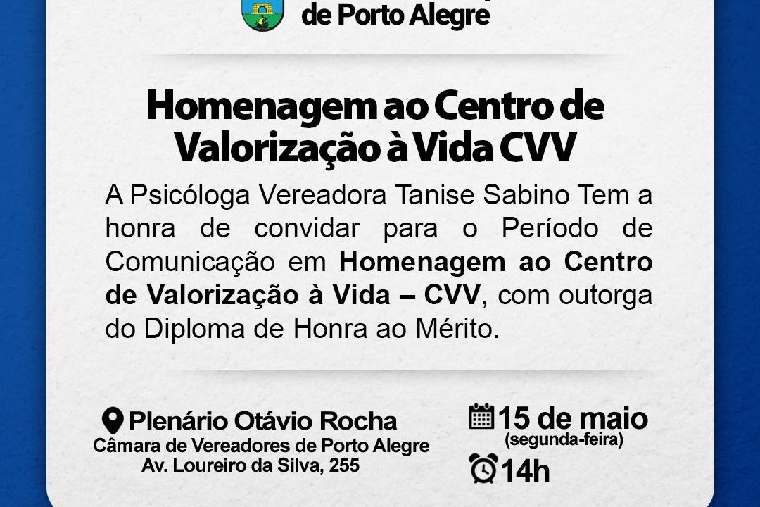 Homenagem ao Centro de Valorização à Vida CVV será no dia 15 de maio