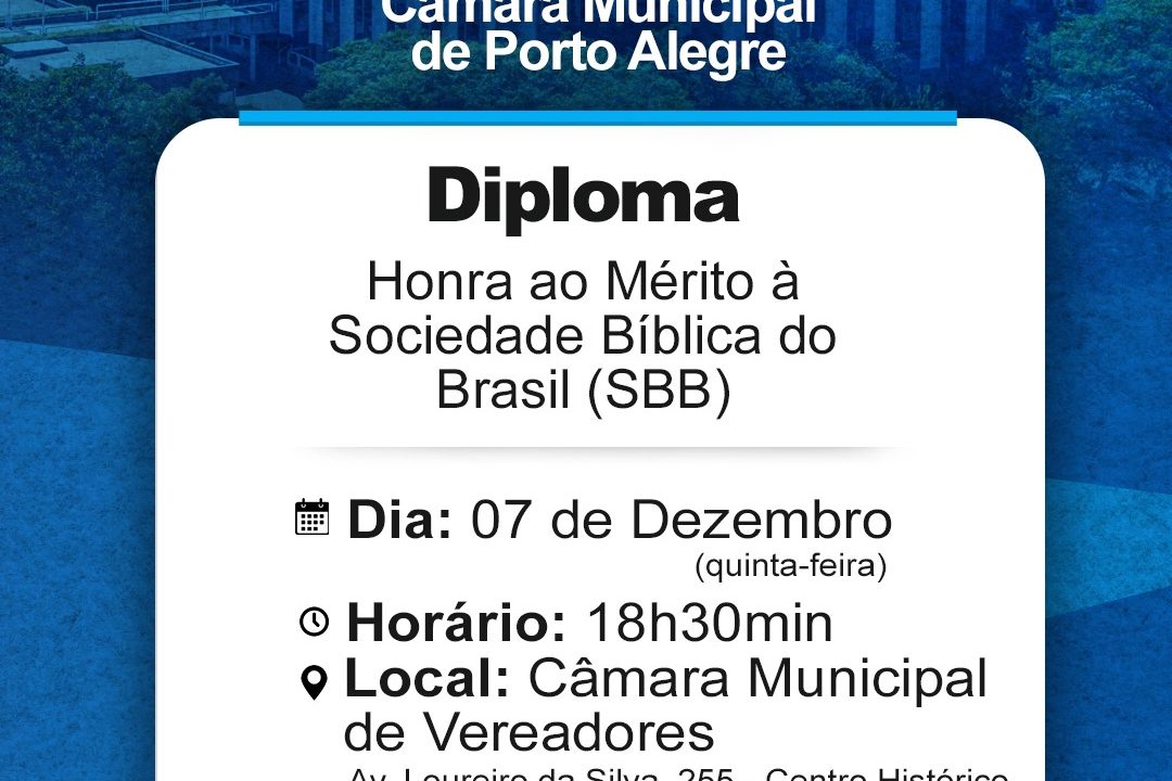 Homenagem à Sociedade Bíblica do Brasil (SBB) tem data marcada