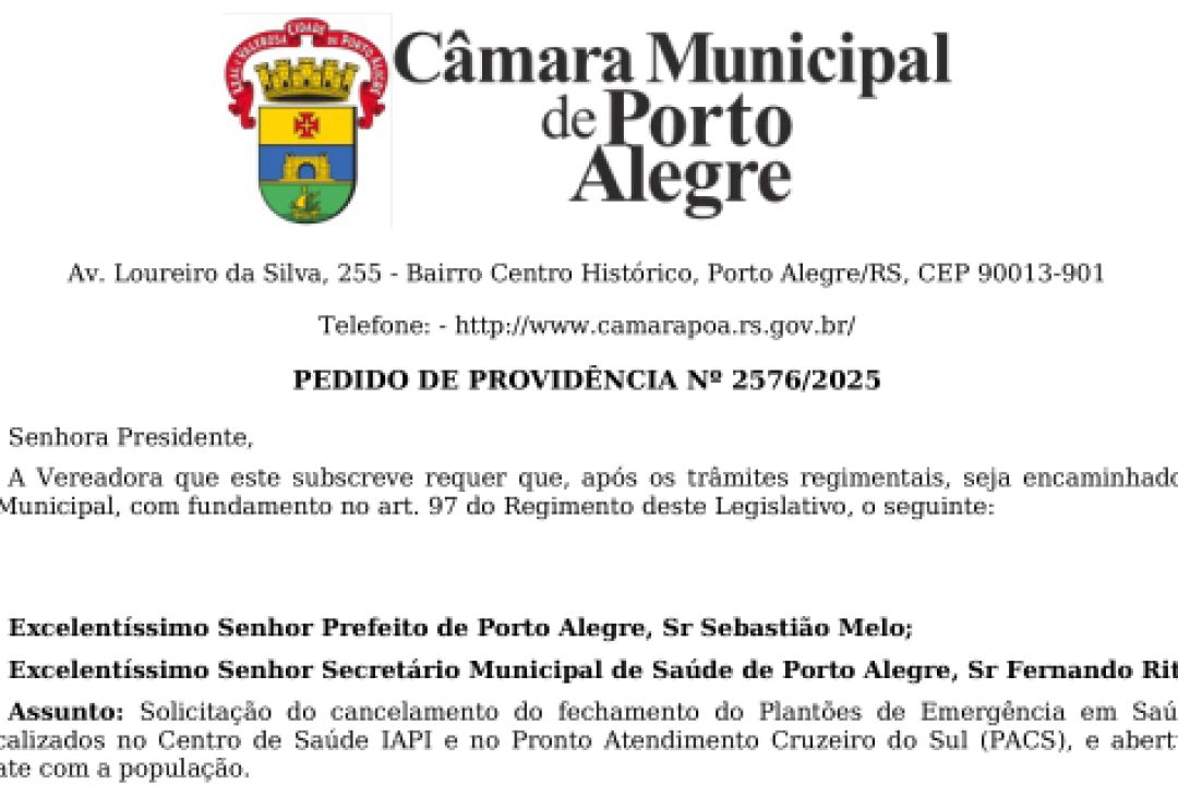 Tanise Sabino encaminha pedido de providência para o prefeito e secretário da saúde solicitando o cancelamento do fechamento das emergências em saúde mental do IAPI e do PACS