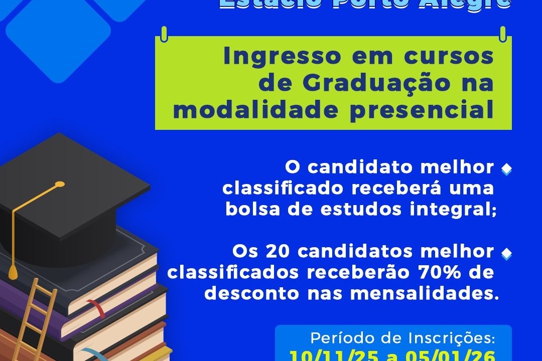 Estácio Porto Alegre abre seleção com bolsa 100% para o melhor classificado e descontos de 70% em Porto Alegre mensalidades para os 20 primeiros colocados.